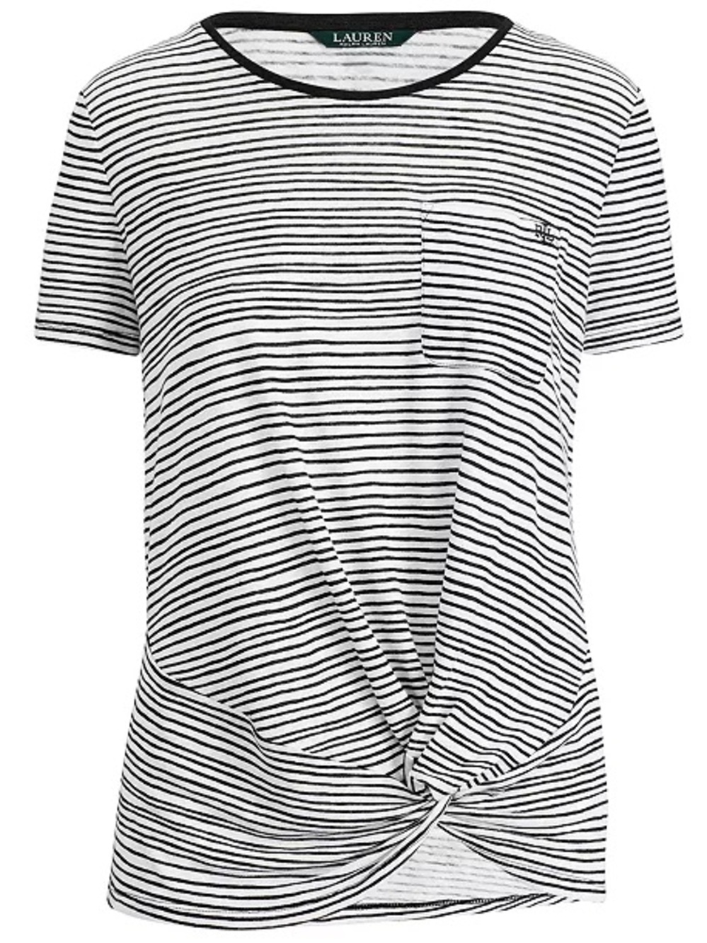Ralph Lauren Black & White Striped Knot Tee linen viscose blend embroidered